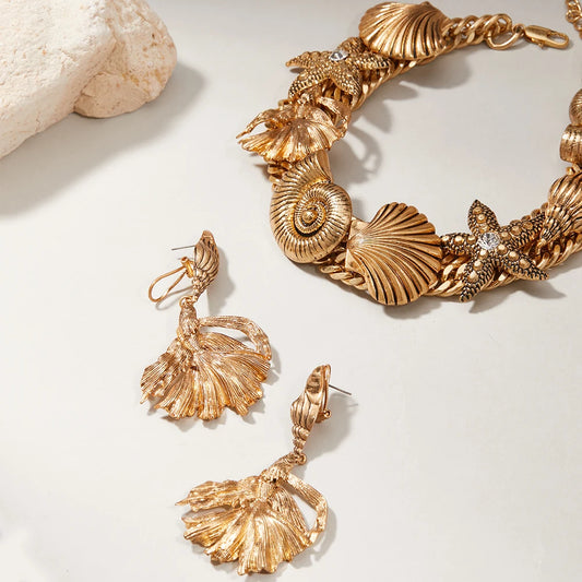Conjunto Feminino de Colar e Brinco com Conchas e Estrela-do-Mar Marine