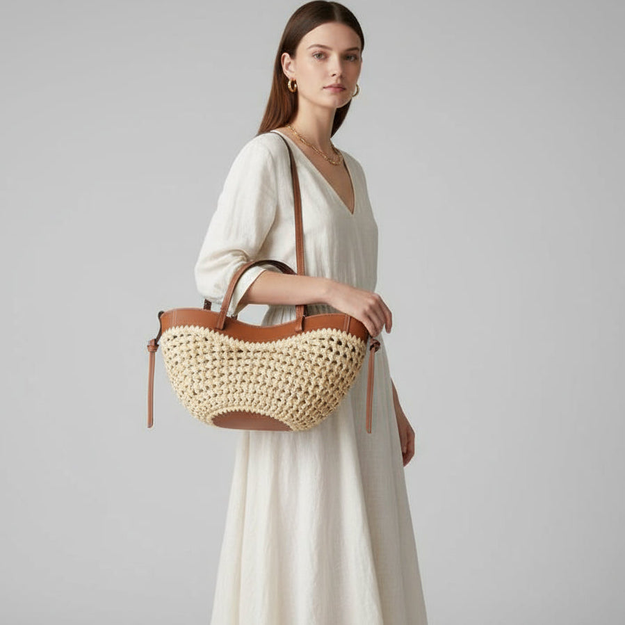 Bolsa Feminina de Palha com Couro Marrom