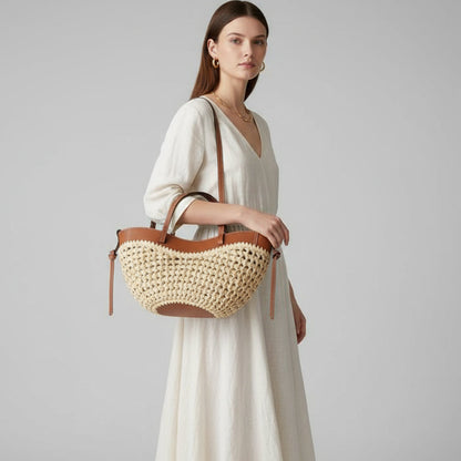Bolsa Feminina de Palha com Couro Marrom