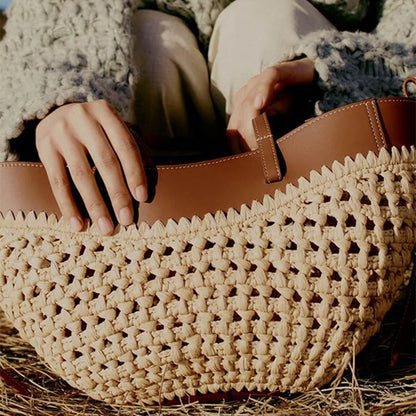 Bolsa Feminina de Palha com Couro Marrom