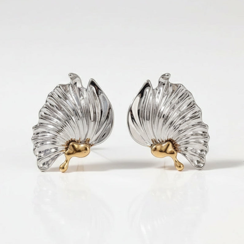 Brinco Folha Luxo Banhado a Ouro e Prata – Elegância Sofisticada