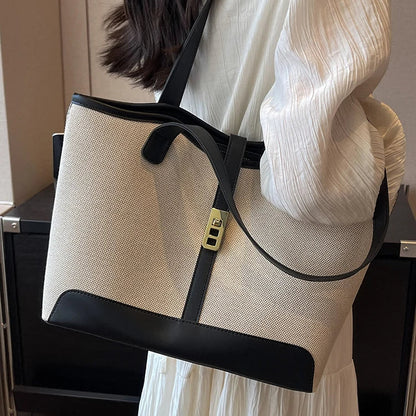 Bolsa Tote Feminina Bege com Detalhes em Couro Marrom e Fecho Dourado