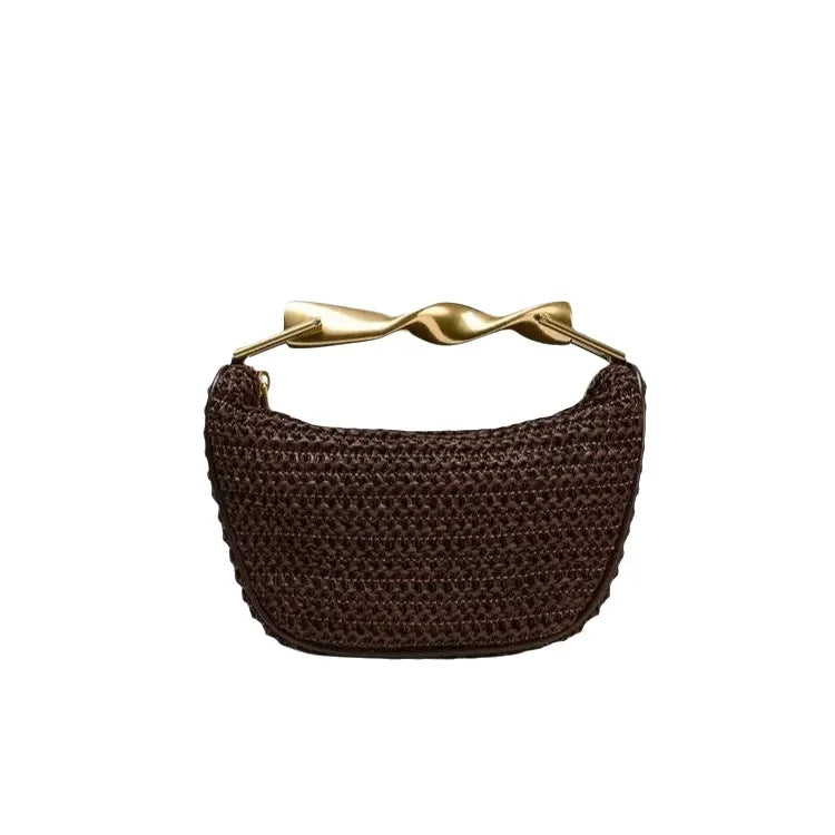 Bolsa Feminina de Mão em Palha com Alça Dourada