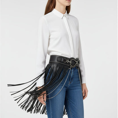 Cinto Preto Feminino com Franjas Longas Estilo Boho em Couro