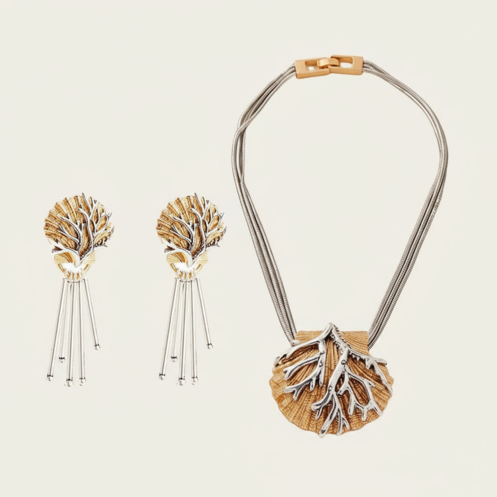 Conjunto de Colar e Brincos Feminino Folheado em Dourado e Prata