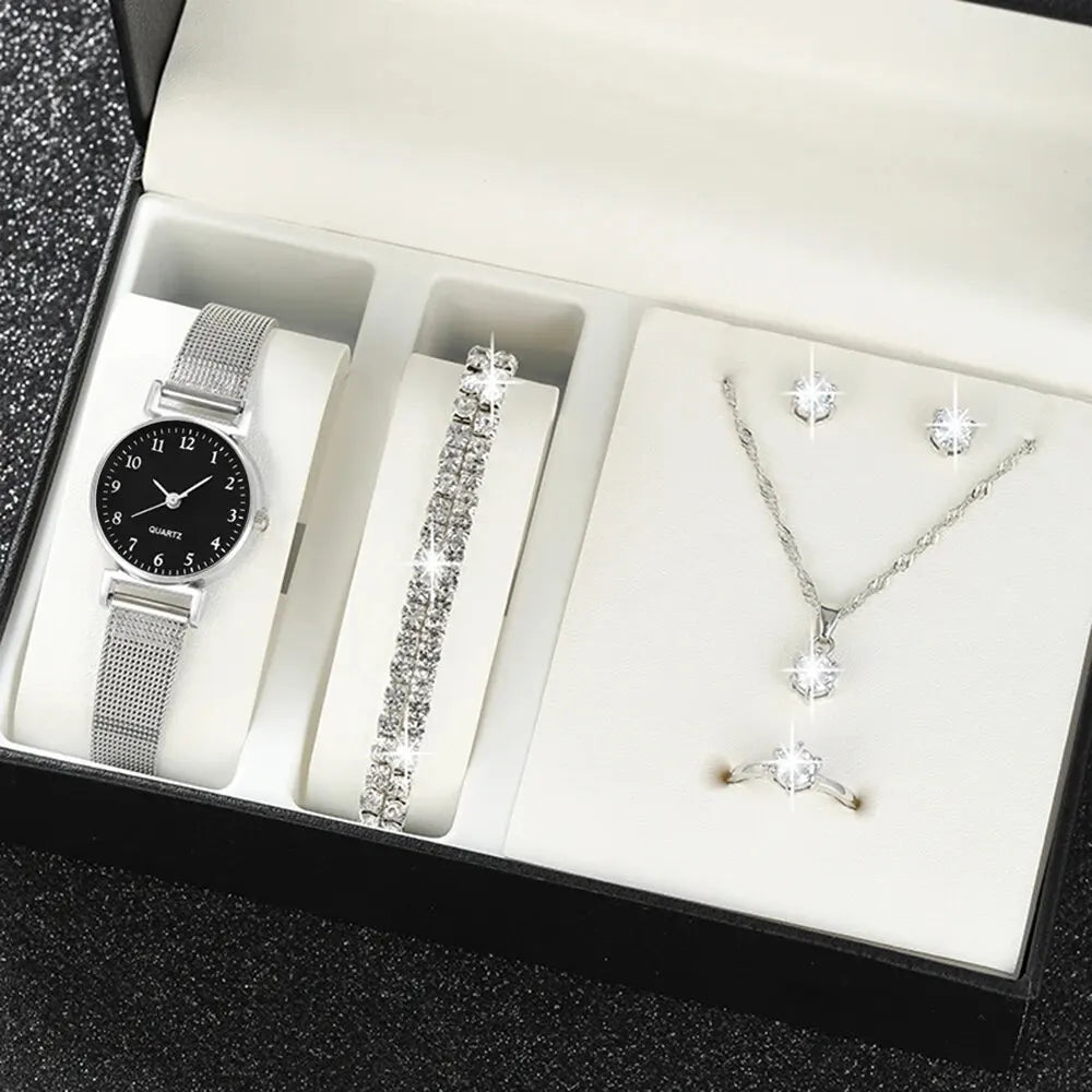 Conjunto Feminino de Relógio Prata Elegance com Colar, Brincos, Pulseira e Anel