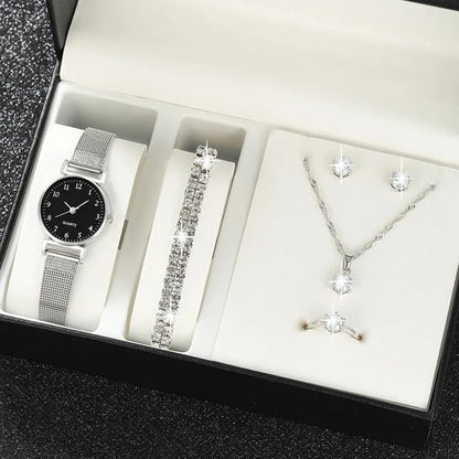 Conjunto Feminino de Relógio Prata Elegance com Colar, Brincos, Pulseira e Anel