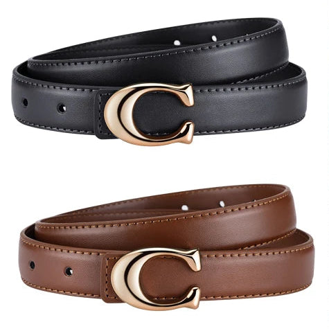 Cinto Feminino de Couro com Fivela Dourada em C