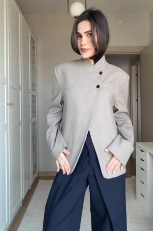 Blazer Casaco Feminino Elegante de Alfaiataria Gola Alta Botões Frontais