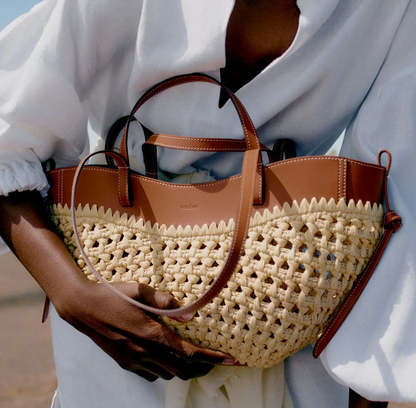 Bolsa Feminina de Palha com Couro Marrom