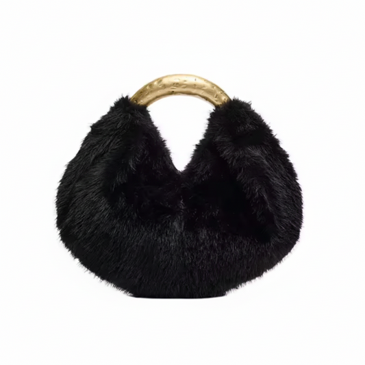 Bolsa Feminina de Pelúcia Preta com Alça Dourada