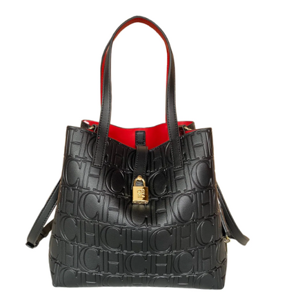 Bolsa Feminina de Couro Preta com Detalhe Vermelho e Cadeado Dourado