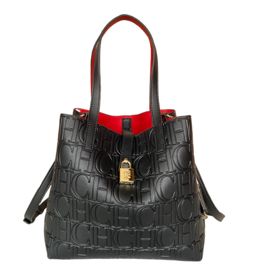 Bolsa Feminina de Couro Preta com Detalhe Vermelho e Cadeado Dourado