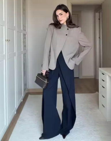 Blazer Casaco Feminino Elegante de Alfaiataria Gola Alta Botões Frontais