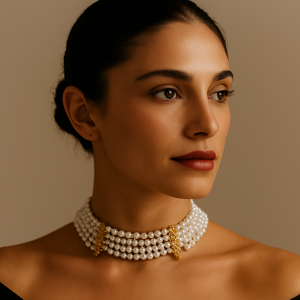 Colar Choker de Pérolas Delicadas com Detalhes Dourados - joia Fina