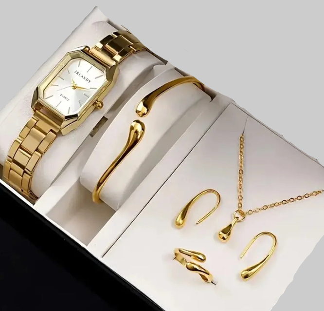 Conjunto de Relógio Feminino com Colar, Brincos, Pulseira e Anel